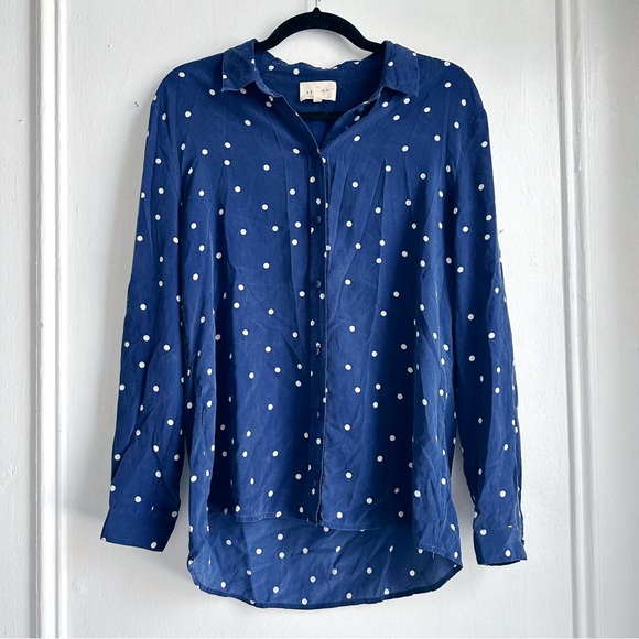Sezane 100% silk Ann shirt button down blouse navy blue white polka dot size 40 - Picture 4 of 8
